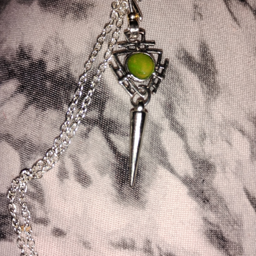 Silver Spike Pendant Necklace with Lime Green Stone